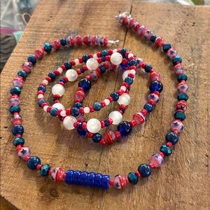 Artisan Red, Blue, and White Beaded Necklace Set
